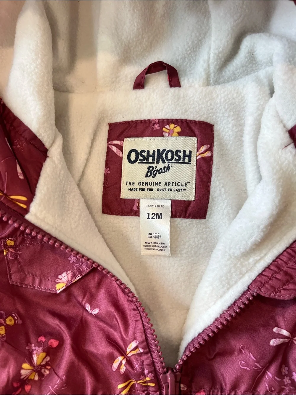 OshKosh B'gosh Burgundy Floral insulated coat with hood